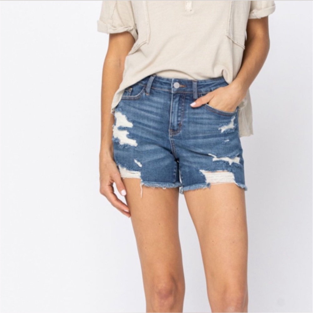 Judy Blue Destructed Denim Cut-Off Short Five pocket
